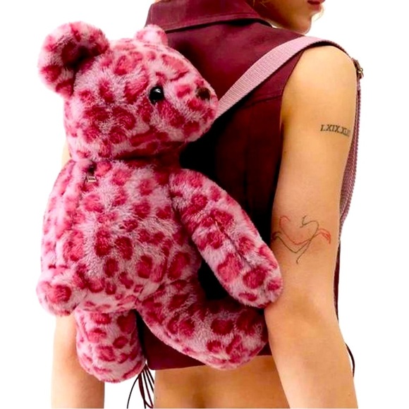 Urban Outfitters Silence and Noise Pink Leopard Teddy Bear Plush Backpack - Picture 1 of 5